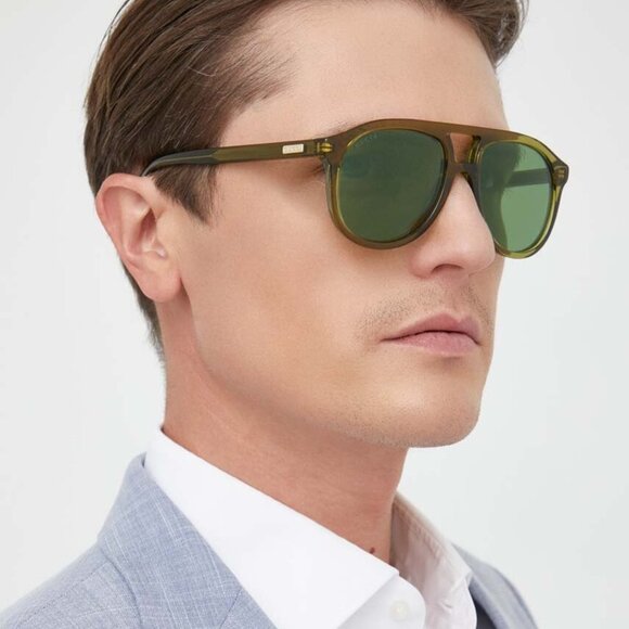 Gucci GG1320S 003 Sunglasses Olive Green Aviator Frame, Green Lenses - Picture 3 of 11